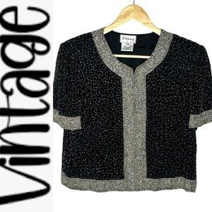Vintage 80’s Stenay Black/Silver Beaded Silk top or Bolero Style Jacket PS